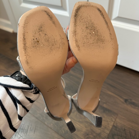 Stuart Weitzman 100SquareNudist Silver Argento Crack Lame Leather Square Sandal - Picture 14 of 14